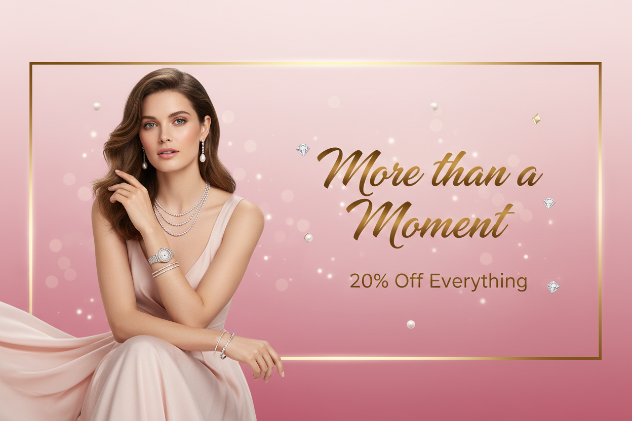jewellery banner with model pink bg text More than a Moment
20% Off Everything
