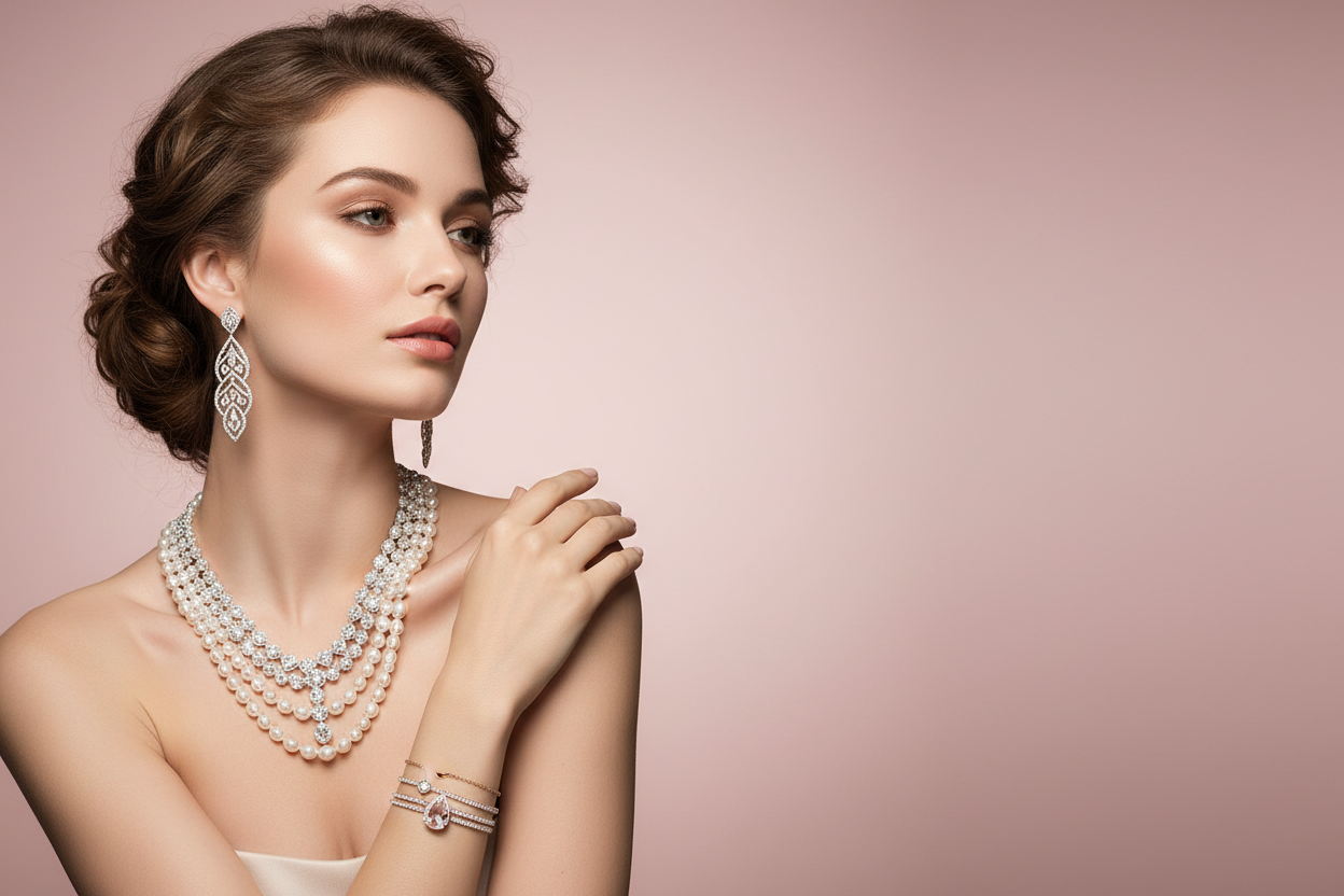 jewellery banner with pink bg left side model removed text