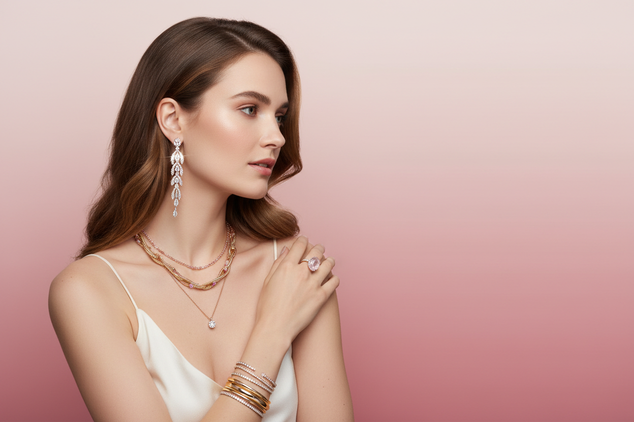 jewellery banner with pink bg left side model 